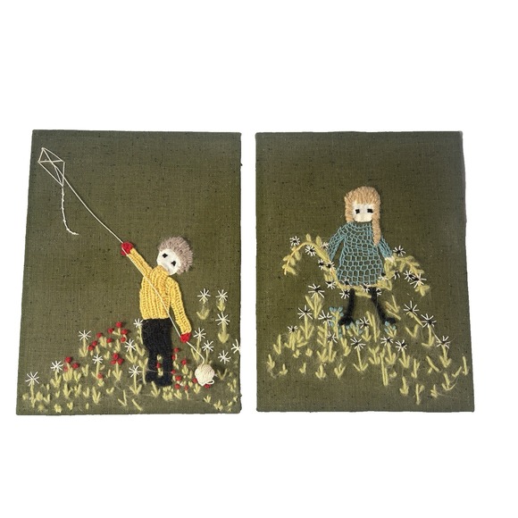Handmade Other - Crewel Needlepoint Art SET OF 2 Boy Girl‎ Kite Flowers Board Back unframed 70's